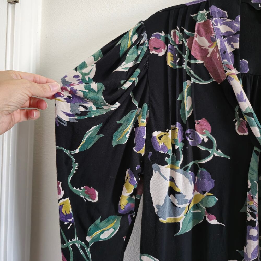 Lauren Ralph Lauren Black Floral Print Jersey Tie Neck Blouse Long Puff Sleeve M - Picture 5 of 9